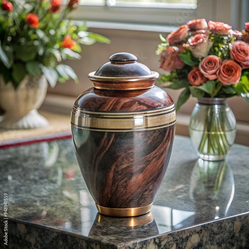an urn with ashes on a marble table, bouquets of fresh flowers in vases nearby