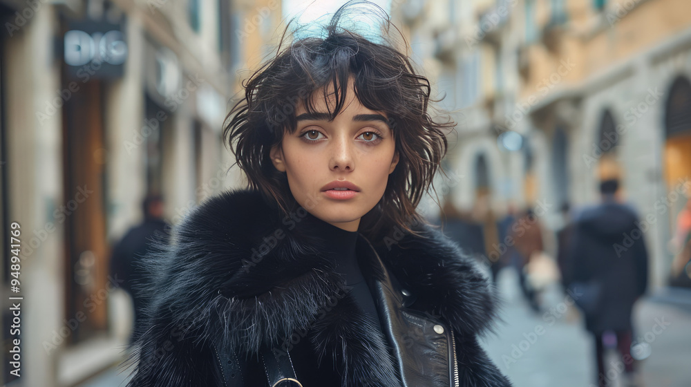 Fototapeta premium russian fashionista Instagram influencer woman with nice make up and dress up by the fur coat is traveling in the beautiful city in Europe with beautiful old architecture and shopping street