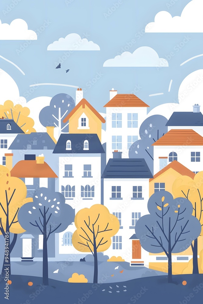 Illustrated Cityscape with Houses and Trees in Autumn
