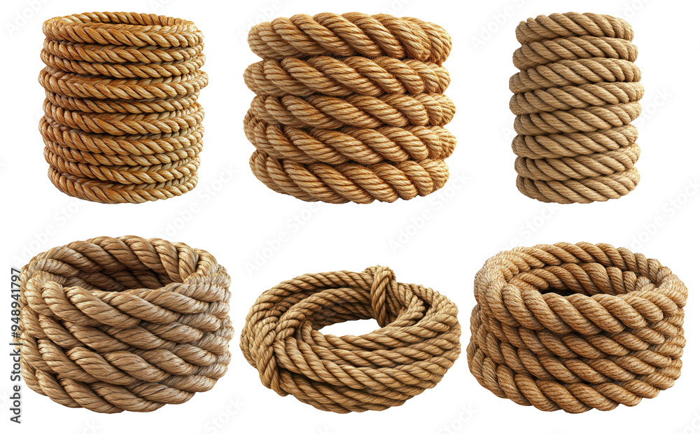 Thick coiled ropes in various shapes isolated on transparent background Thick coiled ropes in various shapes isolated on transparent background