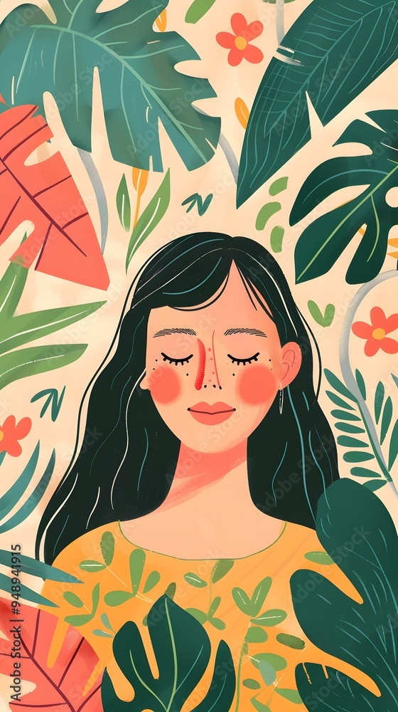 Woman with Closed Eyes Surrounded by Tropical Plants Woman with Closed Eyes Surrounded by Tropical Plants