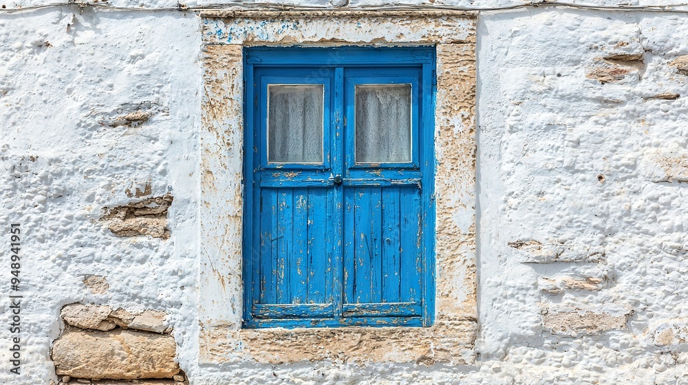 Blue-white building, window & cat on bench, blue door Blue-white building, window & cat on bench, blue door