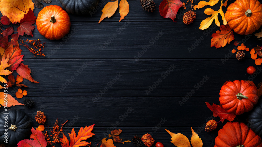 Halloween frame with pumpkins and fall leaves on black background
Halloween frame with pumpkins and fall leaves on black background