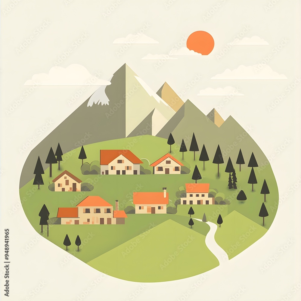 Mountain Village Illustration with Houses, Trees and a River