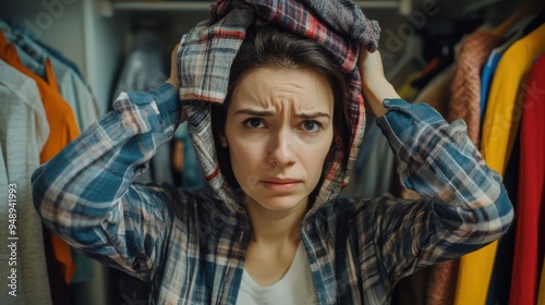 A woman with a hoodie on her head in front of clothes, AI