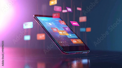 A 3D mobile phone with a floating financial app interface, symbolizing the ease and accessibility of digital banking and mobile financial management 