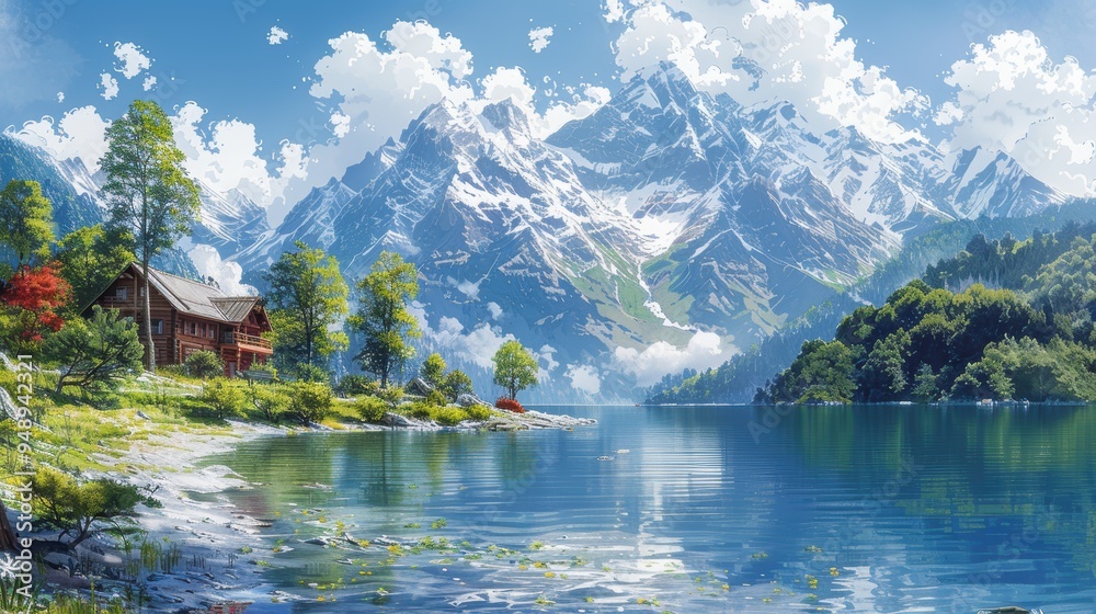 Fototapeta premium Alpine Serenity, a stunning watercolor depiction of majestic Alps reflected in a tranquil lake, showcasing vibrant colors and serene landscapes