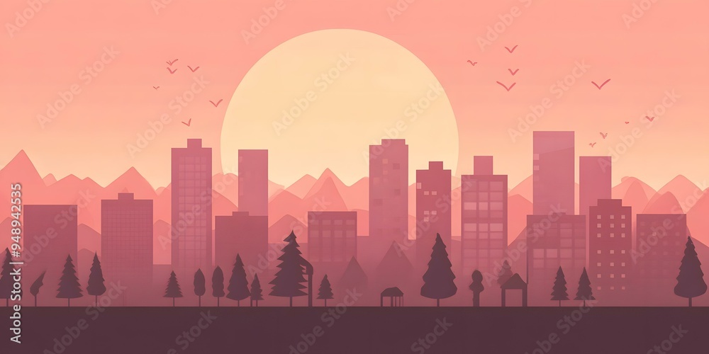 Pink Sunset Cityscape Illustration with Mountain Range Pink Sunset Cityscape Illustration with Mountain Range