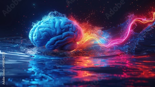 Neon Flowing Intelligence, a vibrant depiction of a human brain in shades of light blue submerging in water, with vivid neon colors cascading from it into the depths below.
