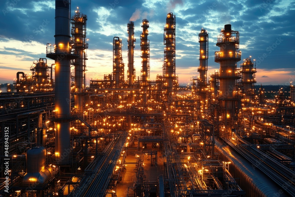 Fototapeta premium Illuminated Industrial Complex at Dusk