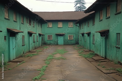 Green-Painted Building Alleyway with Overhanging Rooftops