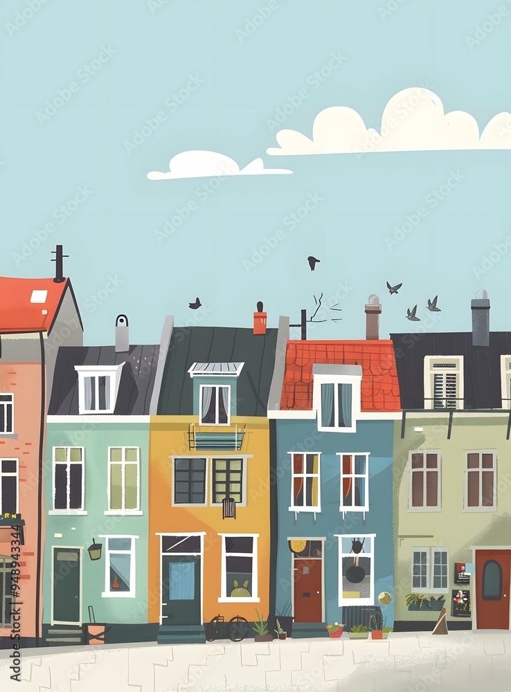 Colorful Row Houses With Blue Sky And Clouds Colorful Row Houses With Blue Sky And Clouds
