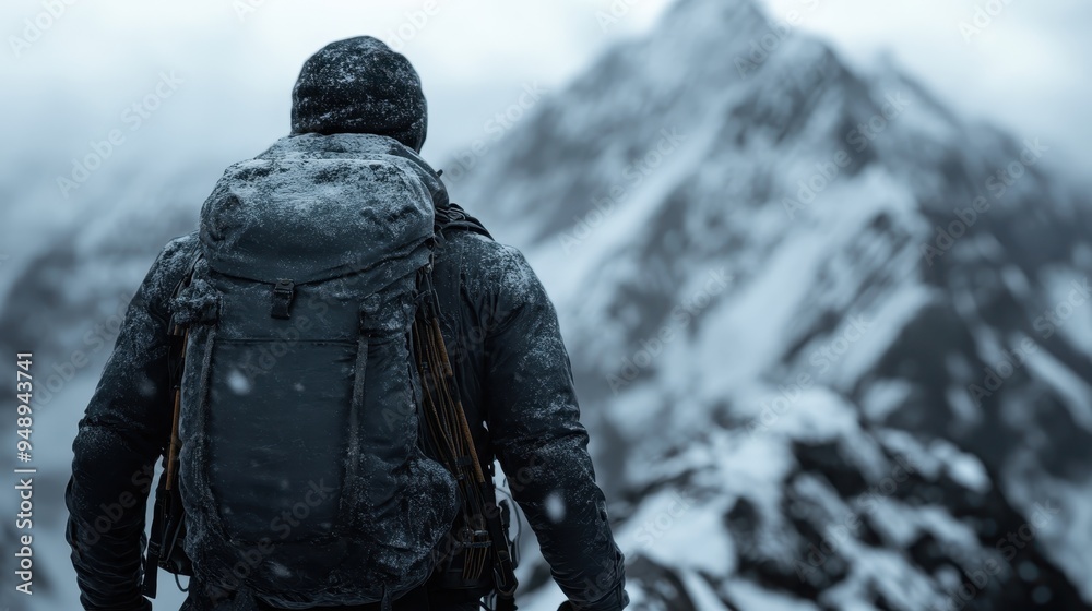 A person wearing a heavy backpack makes their way through a snowy and mountainous terrain, with white peaks and cold conditions highlighting the adventure and challenge. A person wearing a heavy backpack makes their way through a snowy and mountainous terrain, with white peaks and cold conditions highlighting the adventure and challenge.