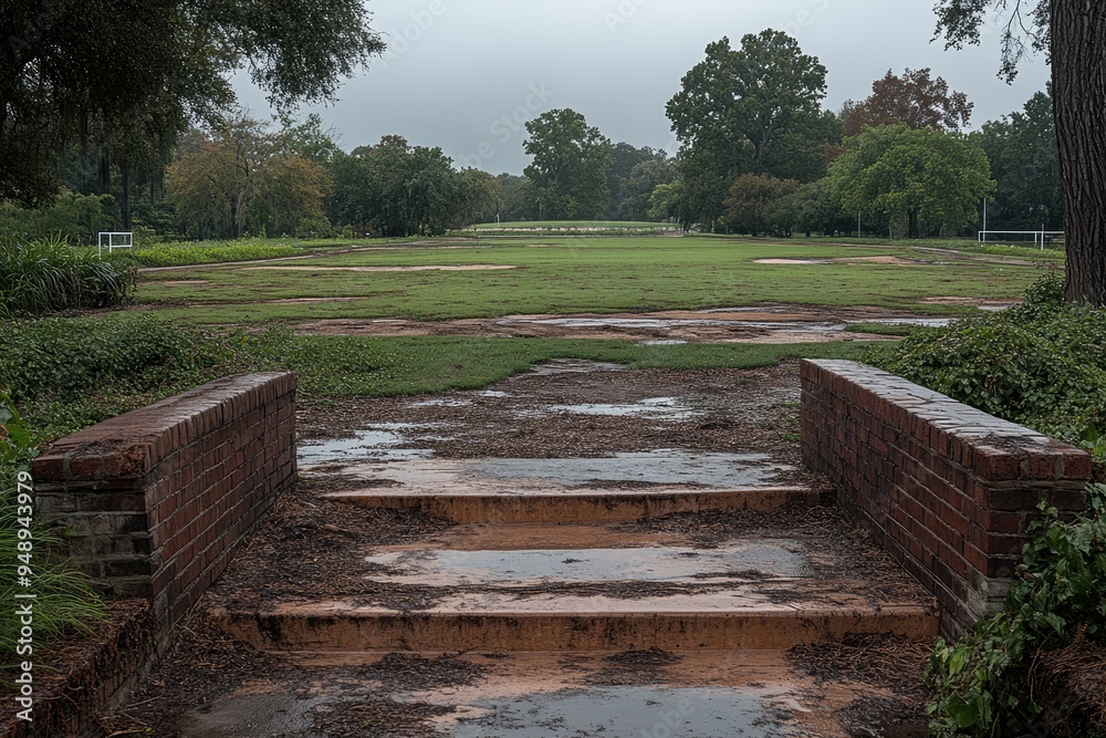 A Brick Path Leading to a Wet, Overgrown Field A Brick Path Leading to a Wet, Overgrown Field