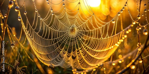 Delicate threads of intricate spider silk glisten in the morning dew, illuminated by soft, warm light, showcasing the photo