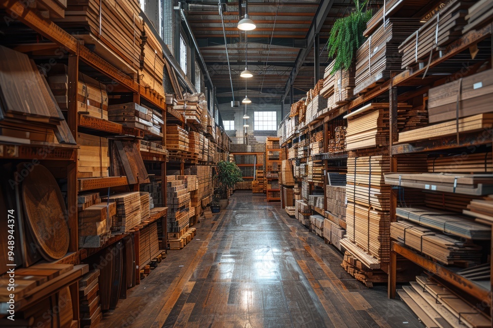 Aisle of Stacked Wooden Planks in a Lumberyard Aisle of Stacked Wooden Planks in a Lumberyard