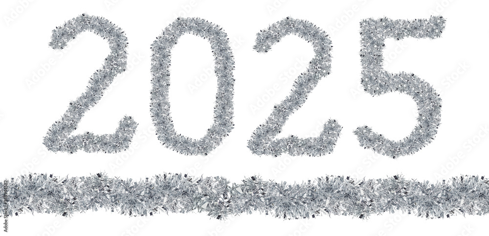New Year 2025 made from New Year's tinsel, isolated Christmas tinsel, tinsel garland New Year 2025 made from New Year's tinsel, isolated Christmas tinsel, tinsel garland