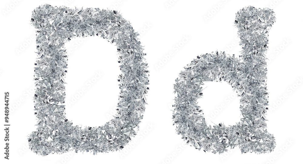 letter d made from New Year's tinsel, isolated Christmas tinsel, tinsel garland. letter d made from New Year's tinsel, isolated Christmas tinsel, tinsel garland.