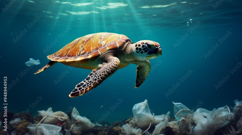 Obraz premium Tropical turtle and plastic bag in ocean underwater space. Neural network ai generated art