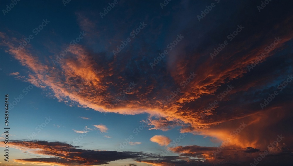 A dusk sky, filled with dark orange clouds against a deep blue backdrop. A dusk sky, filled with dark orange clouds against a deep blue backdrop.