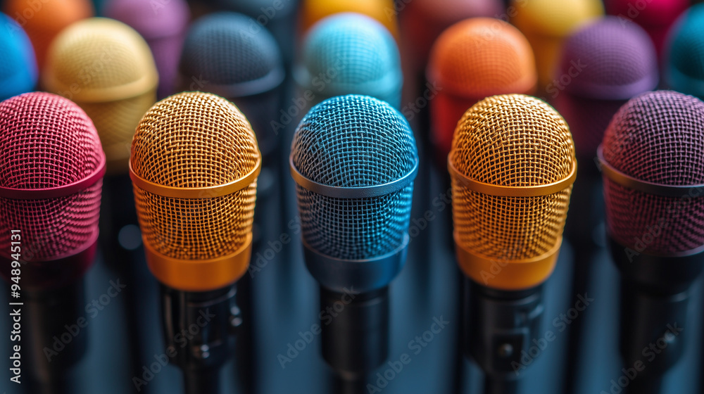 Obraz premium Participatory Democracy: A public forum with citizens voicing their opinions through microphones.