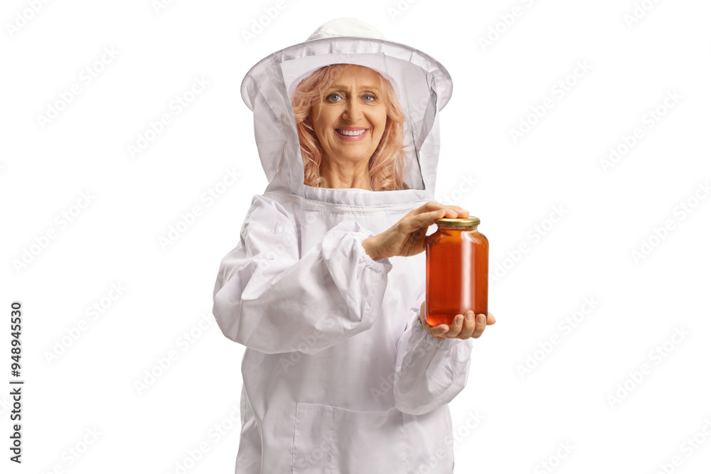 Woman bee keeper holding a honey jar and smiling Woman bee keeper holding a honey jar and smiling