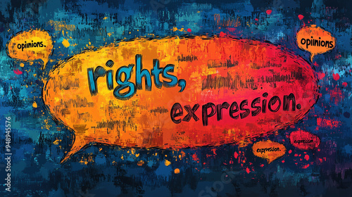 Freedom of Speech: A large speech bubble filled with words like 