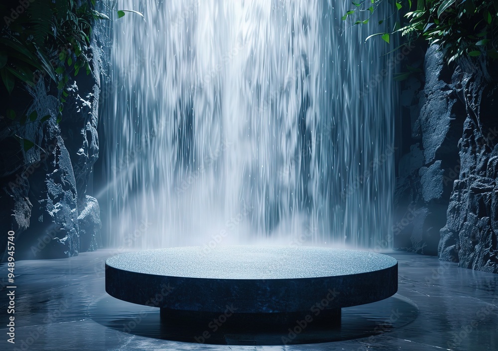 Round Podium in Front of Waterfall with Cascading Water for Enchanting Product Displays and Dynamic Movement Round Podium in Front of Waterfall with Cascading Water for Enchanting Product Displays and Dynamic Movement