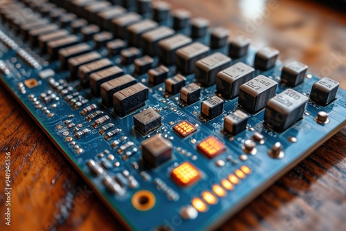 Close-up of a Blue Circuit Board with Electronic Components