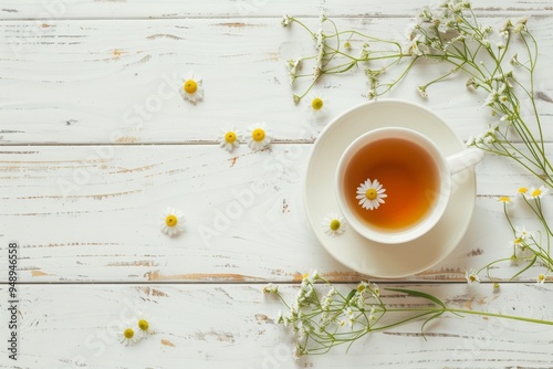 A cup of chamomile tea, shot from the top on a white wooden background with a bouquet of flowers and a place for text