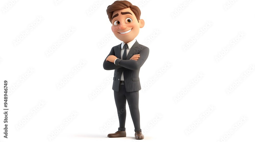 3D illustration of a smiling cartoon businessman in a suit with arms crossed, standing confidently on a white background, exuding professionalism. 3D illustration of a smiling cartoon businessman in a suit with arms crossed, standing confidently on a white background, exuding professionalism.