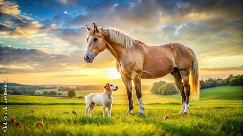 Adorable curious pet dog stands next to a majestic horse, forming an unlikely yet heartwarming friendship in a sun-drenched green meadow landscape. Adorable curious pet dog stands next to a majestic horse, forming an unlikely yet heartwarming friendship in a sun-drenched green meadow landscape.