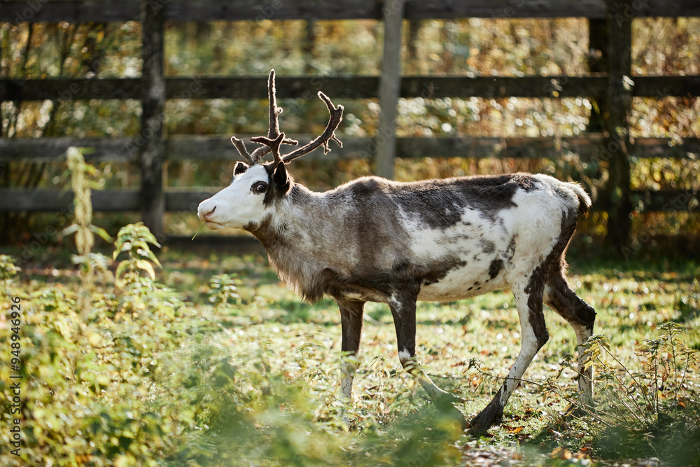 Full shot of white spotted reindeer eating grass at sunlit farm in countryside, copy space