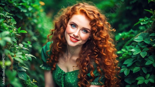 Adorable freckled-faced young woman with curly red hair, wearing a green dress, smiles mischievously amidst lush greenery, evoking Irish charm and whimsy.