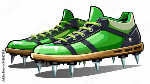 Aerator shoes with metal spikes isolated on white background..Lawn aerator shoes. Lawn spikes shoes. Garden aerating tool. Aerating spikes heavy duty spiked shoes for lawn care aeration green.