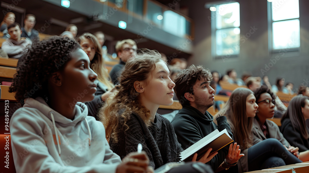 Obraz premium Diverse Group of College Students Attentively Listening to Lecture in a University Auditorium