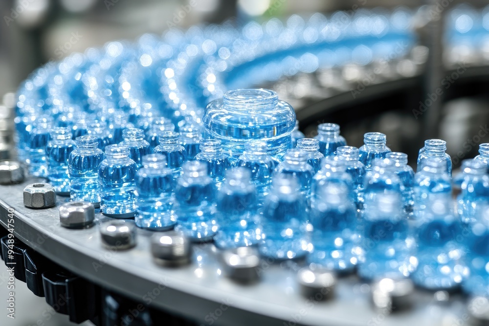 Close-up of Water Bottles on a Conveyor Belt in a Factory Close-up of Water Bottles on a Conveyor Belt in a Factory