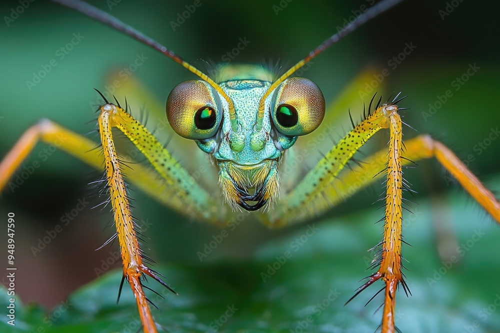 Fototapeta premium Close-up Portrait of a Spiny Green Insect with Large Compound Eyes