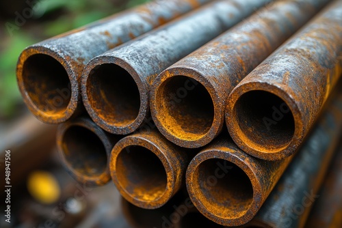 Close-up of Rusty Metal Pipes Stacked Together