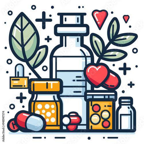 Medicine bottle with pills and leaves. Vector illustration in thin line style.