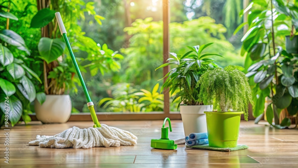 Eco-friendly cleaning products and a mop sit on a floor amidst a sparkling clean room with lush green plants, promoting Eco-friendly cleaning products and a mop sit on a floor amidst a sparkling clean room with lush green plants, promoting