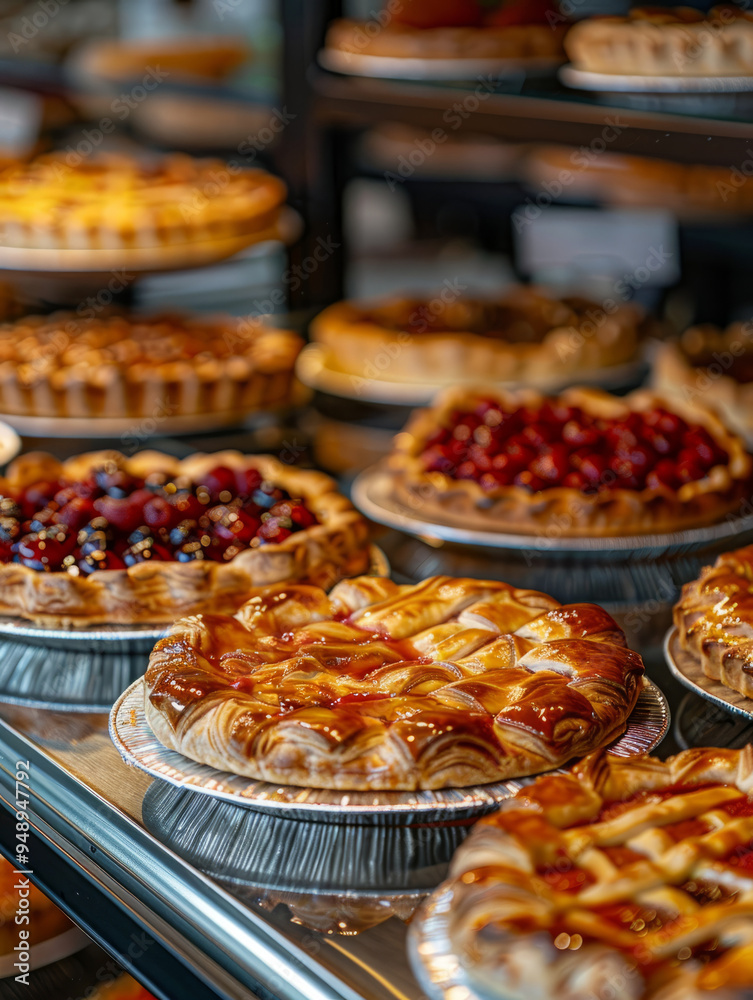 Assorted fruit pies on display in a bakery showcase. Assorted fruit pies on display in a bakery showcase.