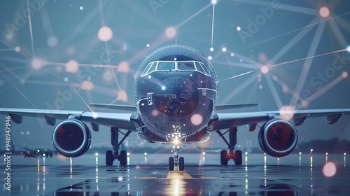 Modern Airplane on Runway with Digital Network Overlay Representing Advanced Technology and Connectivity