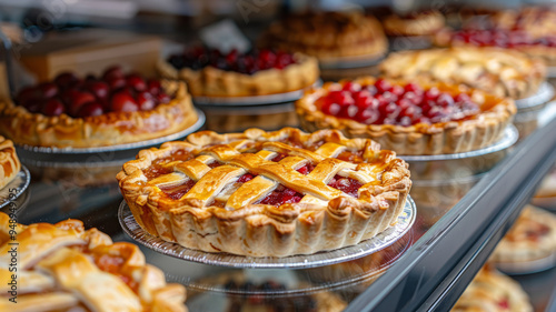 Display of various fruit pies on a bakery counter