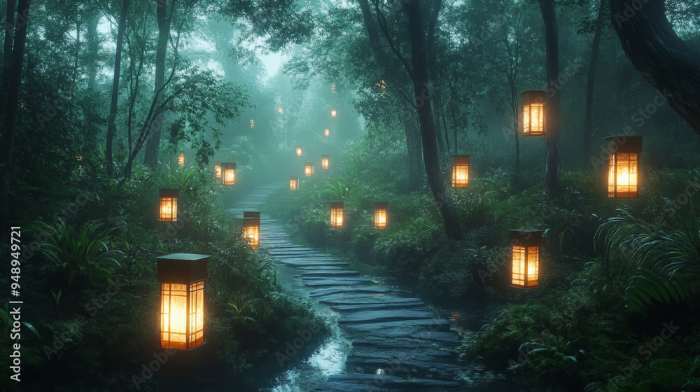 Floating lanterns lighting eerie Halloween forest path
Floating lanterns lighting eerie Halloween forest path
