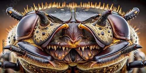 Extreme close-up of a beetle's powerful mandible, revealing intricate details of the serrated jaw and textured photo