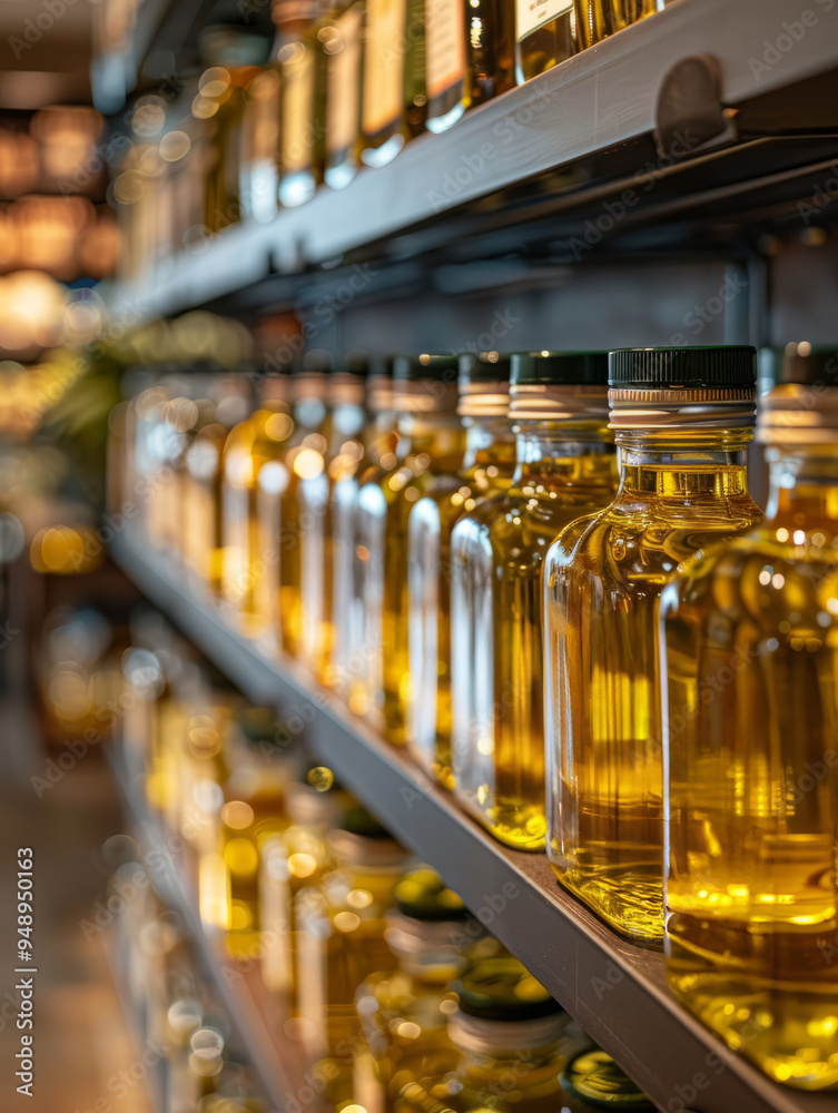Shelf with olive oil bottles in a grocery store. Shelf with olive oil bottles in a grocery store.