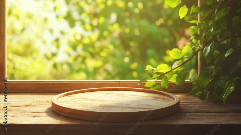 Empty Light Wooden Plate on a Table with Blurred Background and Copy Space for Product Design or Presentation Mockup Empty Light Wooden Plate on a Table with Blurred Background and Copy Space for Product Design or Presentation Mockup