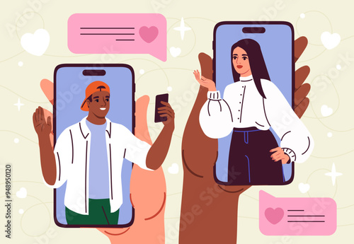 Dating apps concept. Man and woman chatting at smartphone screen. Romance, passion and love. Young couple communicate in social networks and messengers. Flat vector illustration