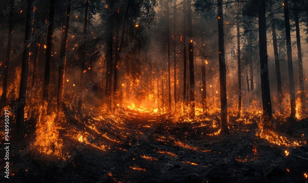 Flames engulfing trees in a forest, the fire spreading rapidly through the dry underbrush Flames engulfing trees in a forest, the fire spreading rapidly through the dry underbrush